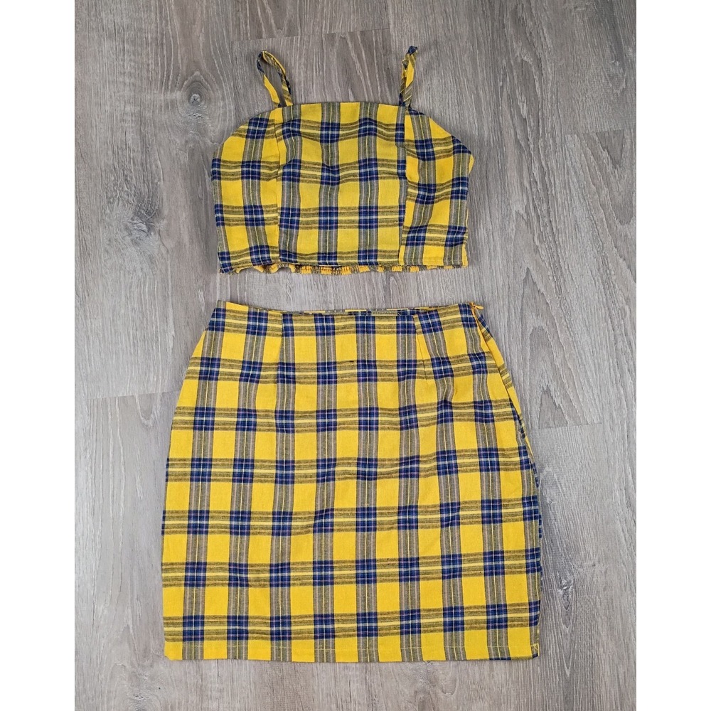 Zaful Yellow Blue Plaid 2 Pc Crop Top Mini Skirt Set Women's Medium 4 Zip Smock